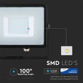 V-TAC 30W Waterproof Outdoor Security Floodlight with Samsung LED Die Cast Aluminium Black Body IP65 4000K Cool White 2400Lms
